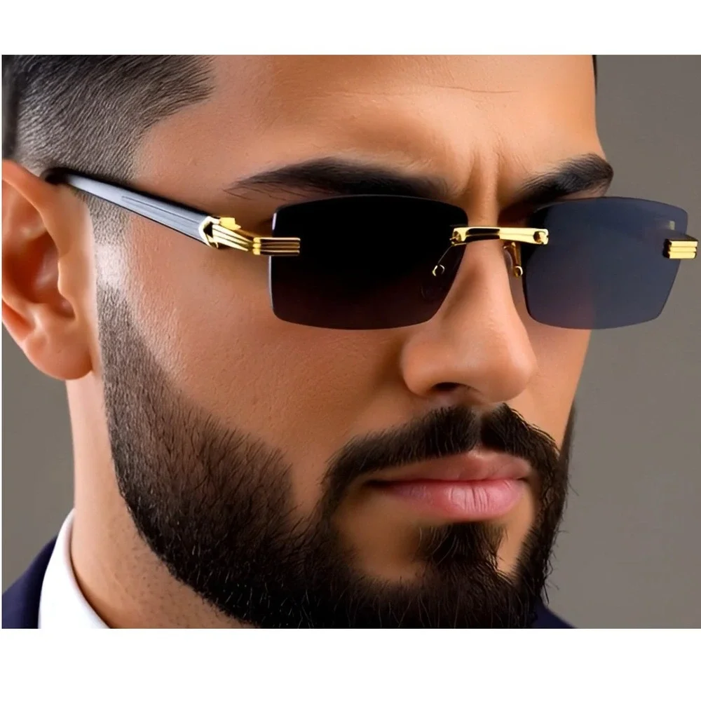 Rimless Sunglasses Men Fashion Designer Rectangle‎ Dark Black Driving Trendy Rap